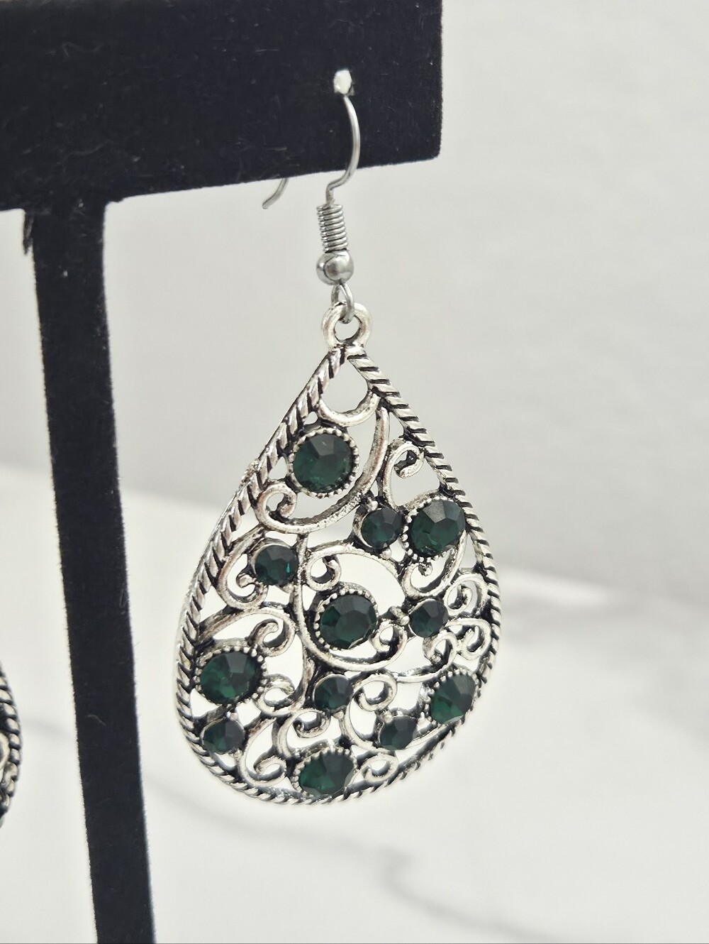 Paparazzi Silver Filigree Teardrop Earrings with Emerald Rhinestones - Picture 11 of 12